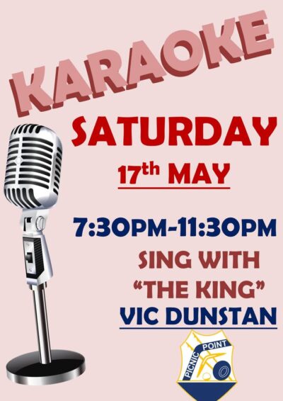 Vics Karaoke night is back for the 17th May 🎤🎤
Come check it out next weekend and Sing with The King.
The king has prizes to give away 👑